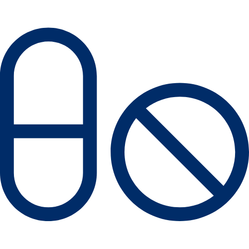 Auf der linken Seite ist eine Pille abgebildet, auf der rechten Seite ein Verbotsschild