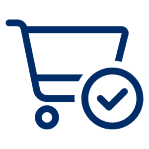 Ein Einkaufswagen, in dessen vorderem vergrößerten Rad ein Häkchen zu sehen ist.