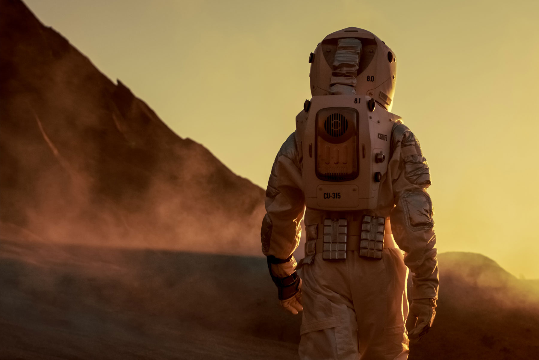 Astronaut Ein Astronaut ist von hinten zu sehen. Er scheint sich auf dem Mars zu befinden