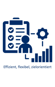 Auf einem Klemmbrett sieht man Textlinien und Checkboxen. In der Ecke des Klemmbretts ist die Kontur eines Menschen zu sehen. Es führen von dort Linien zu einem Zahnrad und zu einem Balkendiagramm. Die Linien und Elemente bilden insgesamt einen Kreislauf. Unter dem Bild steht: