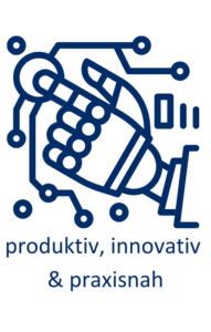 Von rechts ragt eine Roboterhand herein, die auf einen Knopf drückt, von dem mehrere Schnittstellen aus gehen. Darunter steht