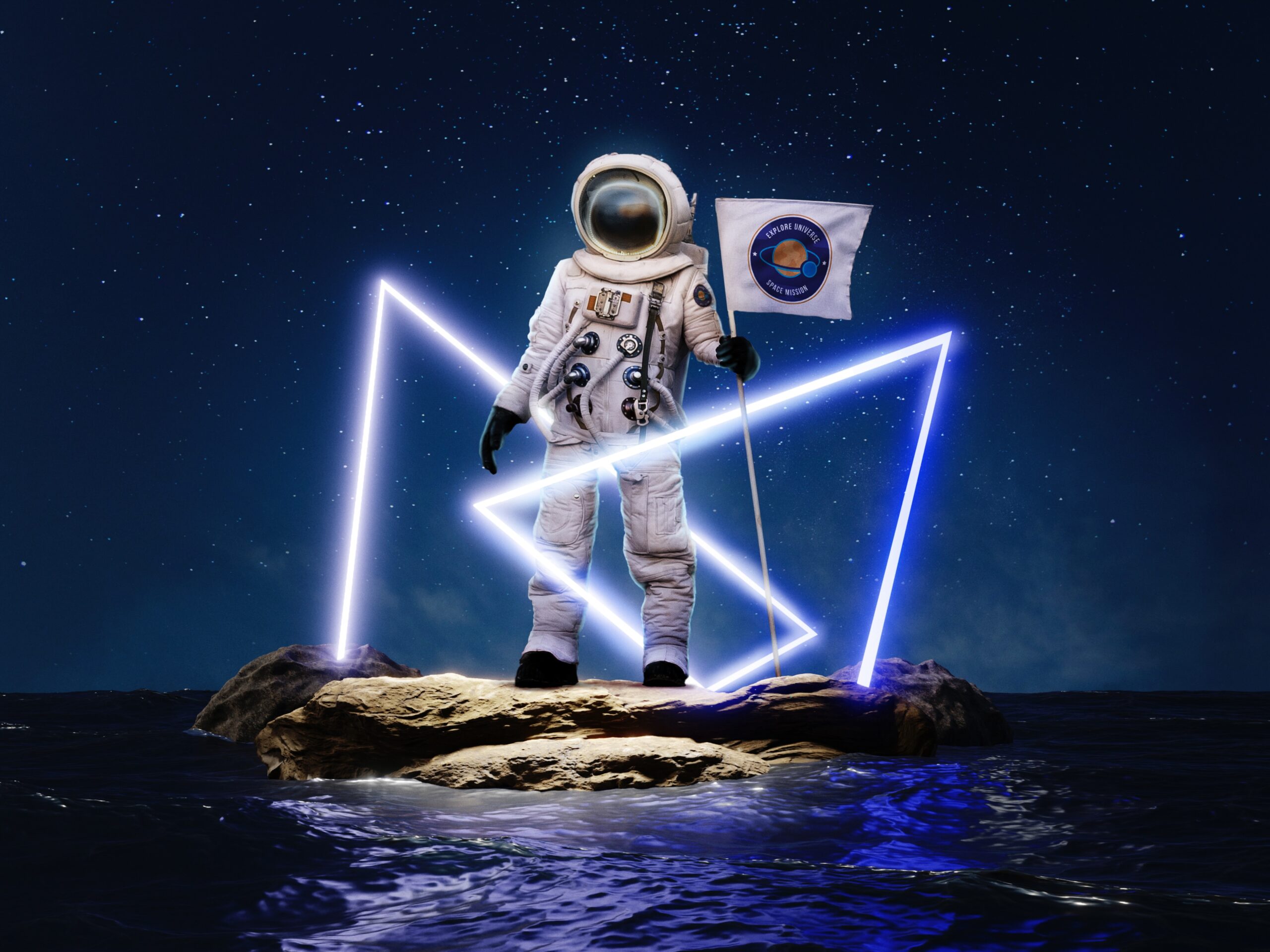 astronaut-space-suit-with-neon-lights-flag 2 Im Vordergrund rechts ist ein Astronaut zu sehen, der im Weltall schwebt