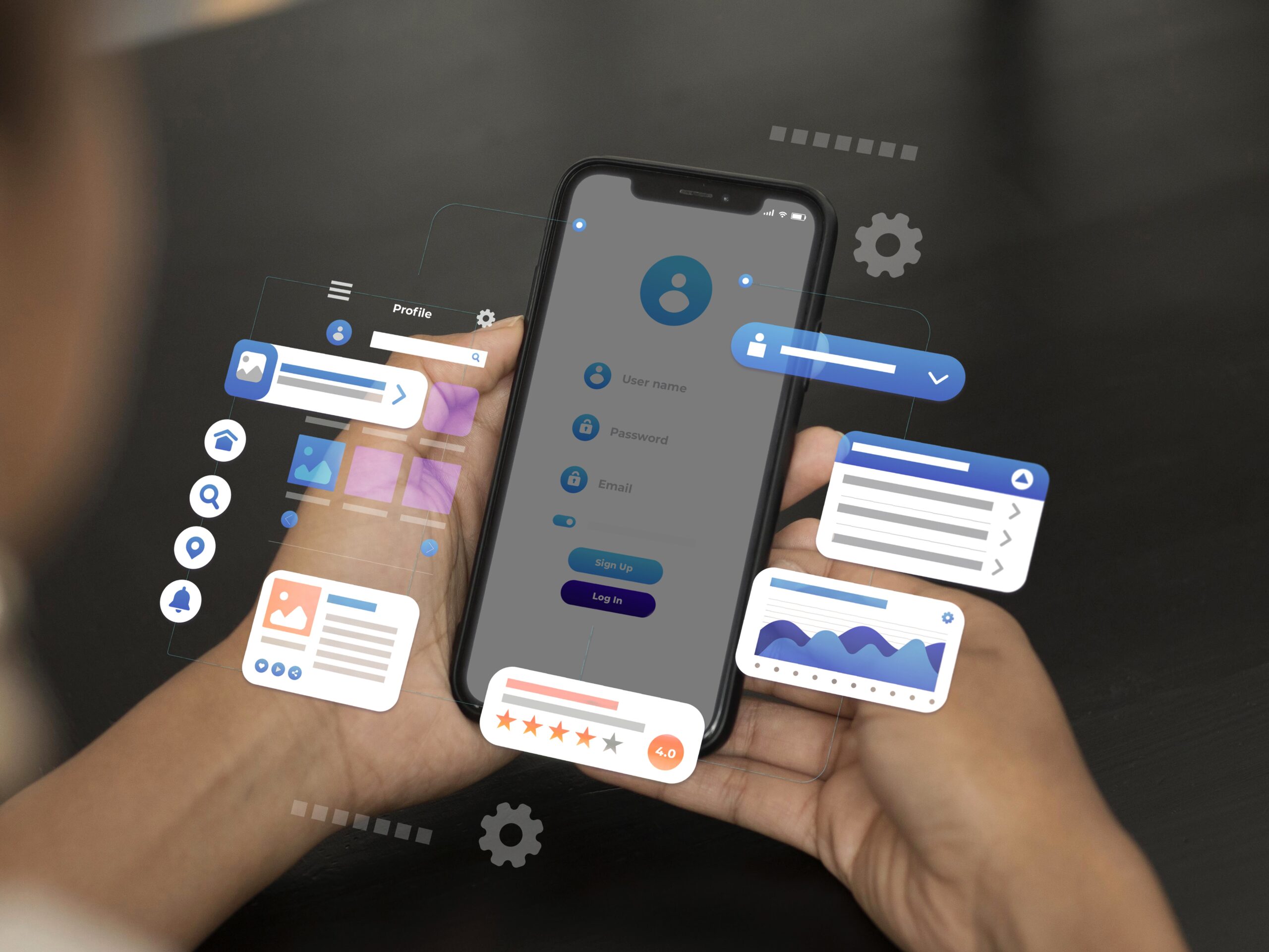 representation-user-experience-interface-design 2 Ein Roboter steht auf einem Tablet, das durch das Weltall schwebt